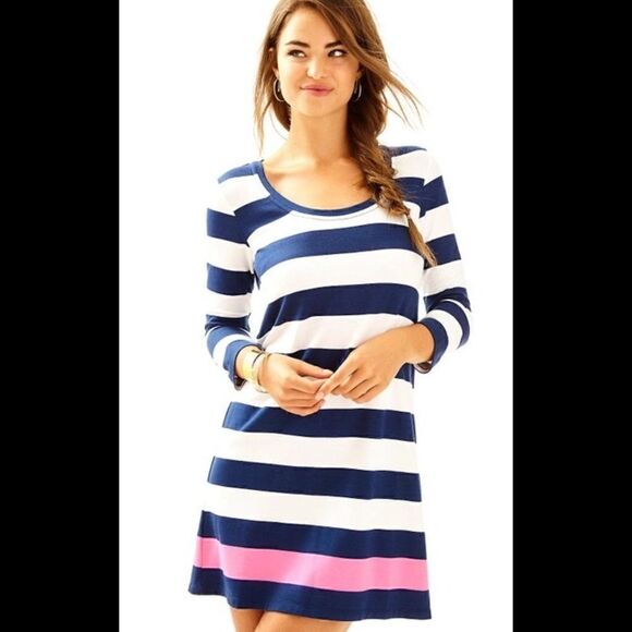 LILLY PULITZER Dress In Bright Navy Aquatic Stripe Engineered Dress Size XS - Picture 1 of 4